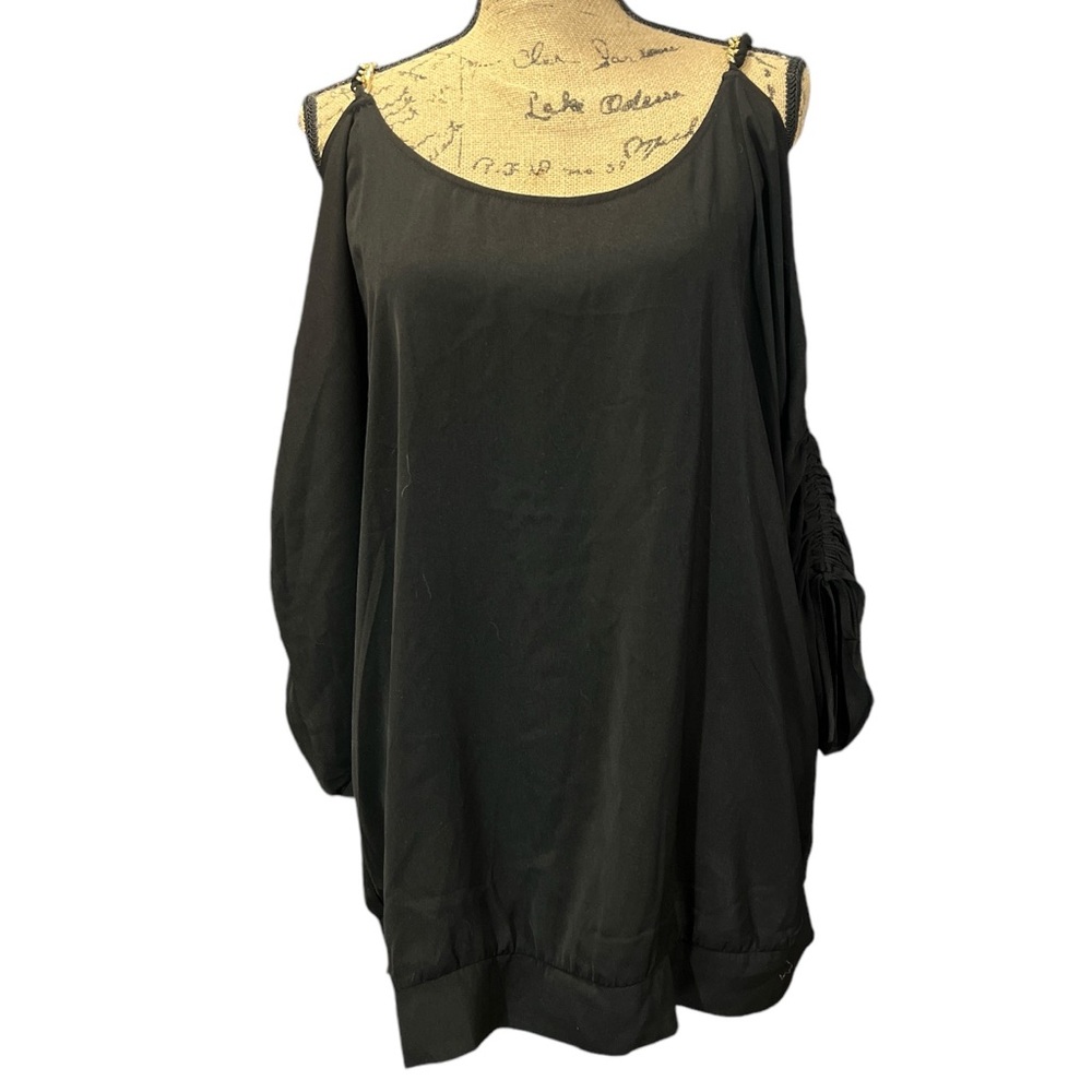 Lane Bryant black cold shoulder blouse with gold accinched sleeves EC Size 18/20